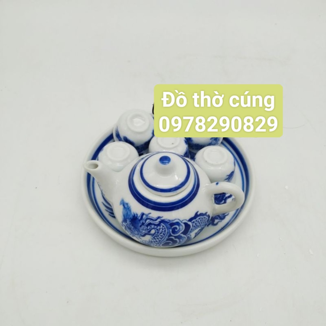 Bộ ấm trà thờ men lam bát tràng cỡ to