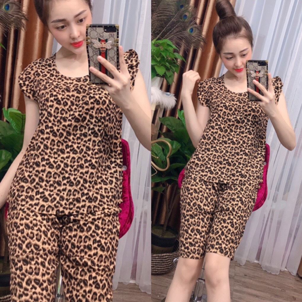 Bộ lanh mặc nhà , đồ bộ tole nữ , quần lửng tay cánh tiên, họa tiết beo [CÓ SIZE] - TL15