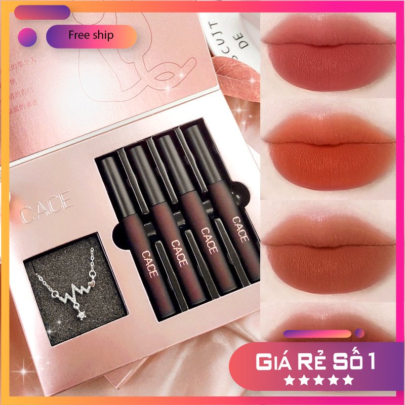 Set son 4 thỏi son kem cace colorful mèo kèm dây chuyền siêu xinh , son lì bền màu , chống thấm nước
