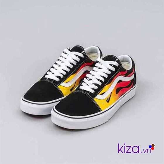 Giày Sneaker Nam Nữ Vans Lửa Buộc Dây Màu Đen Đỏ