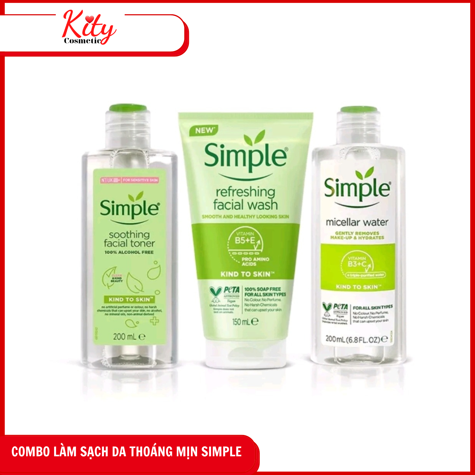 Combo Simple Tẩy trang Micellar 200ml + Sữa rửa mặt 150ml + Nước hoa hồng Toner 200ml cho da sạch khỏe đàn hồi