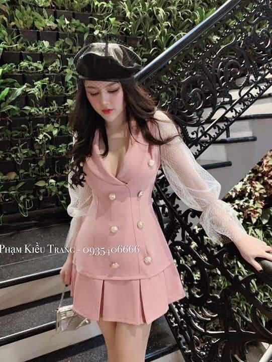 sét áo vest tay phối lưới chân váy