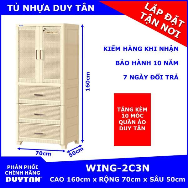 Tủ nhựa Duy Tân cao cấp treo quần áo WING 2C-3N một buồng treo và ba ngăn kéo - tặng kèm 10 móc quần áo Duy Tân