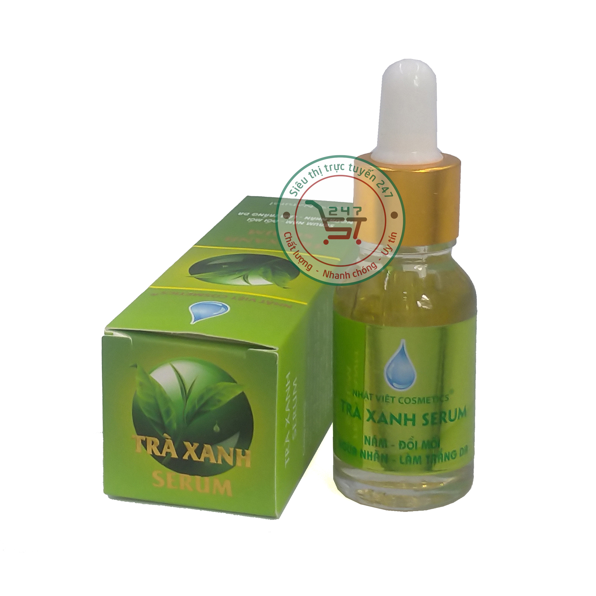 Serum Nám Tàn nhang Đồi mồi Ngừa nhăn Làm trắng da Trà Xanh serum Nhật Việt 15ml (Xanh lá-Vàng)