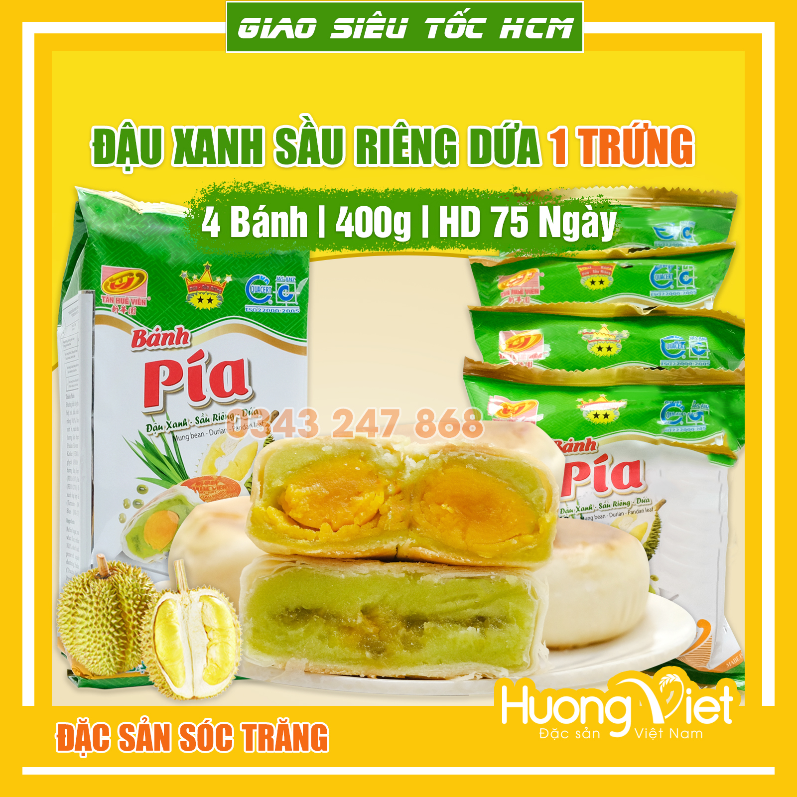 Bánh pía đậu xanh lá dứa sầu riêng 1 trứng 400gr Tân Huê Viên bánh pía dứa sầu riêng Sóc Trăng