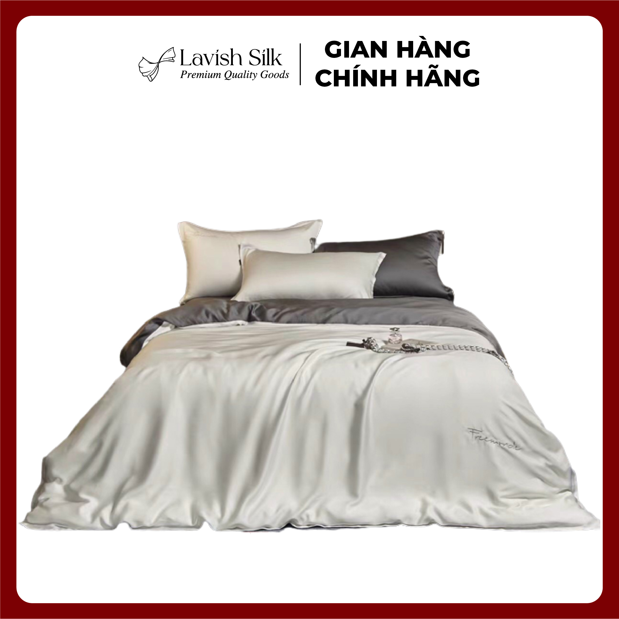 Trọn Bộ Ga Gối Lụa Kèm Chăn Sẵn Ruột + Tặng Bộ Quà Tặng Lavish Silk Cao Cấp - Trắng Mix Xám Đậm