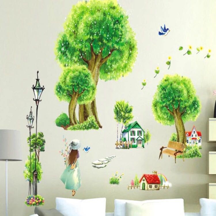 Decal dán tường Cô gái và cây xanh tranh dán tường cô gái và cây xanh thiên nhiên lãng mạn