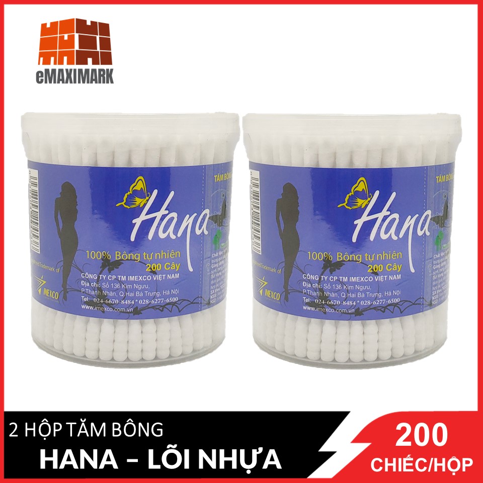 [HCM ship 2h] Combo 2 Tăm Bông Hana Hộp Tròn (Xanh Đậm) Lõi Nhựa Hộp 200 Chiếc