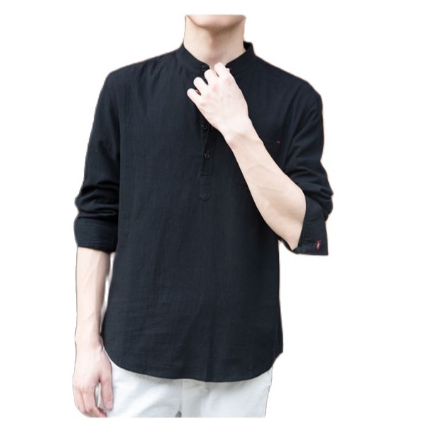 Áo sơ mi đũi nam tay lỡ cổ trụ chui đầu, chất đũi mềm mát, thời trang phong cách Hàn