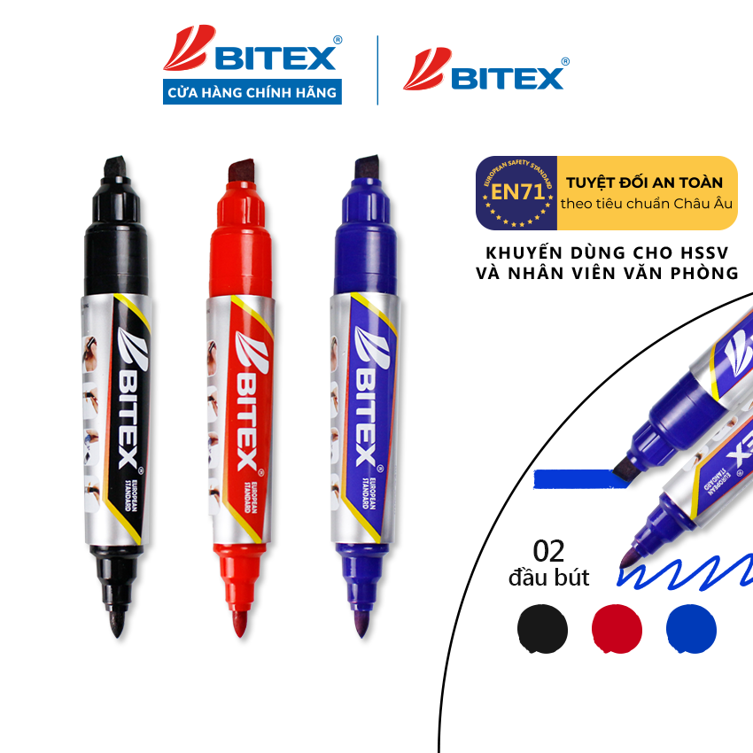 2 cây Bút lông dầu Bitex mực xanh/ Đỏ/ Đen PM01