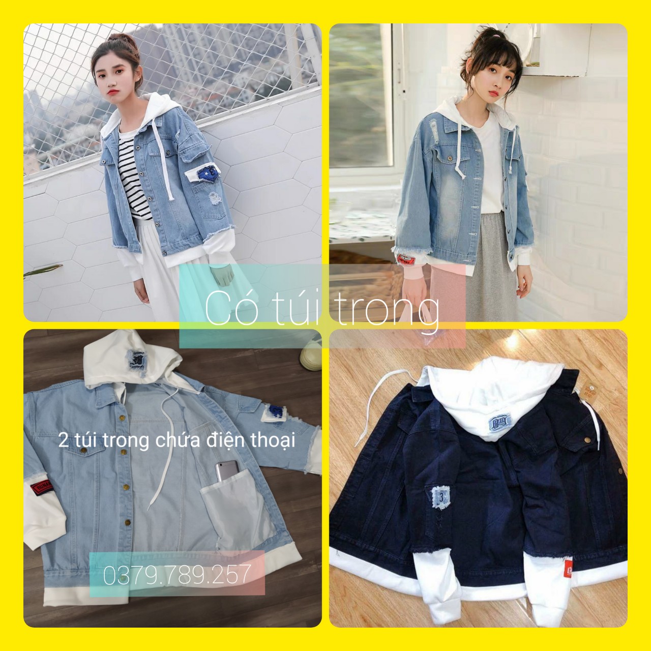 [HCM]{Túi trong} Áo khoác jean có mũ sau cao cấp cho cả năm và nữ đính kèm 2 túi trong chuẩn shop form rộng M-L-XL