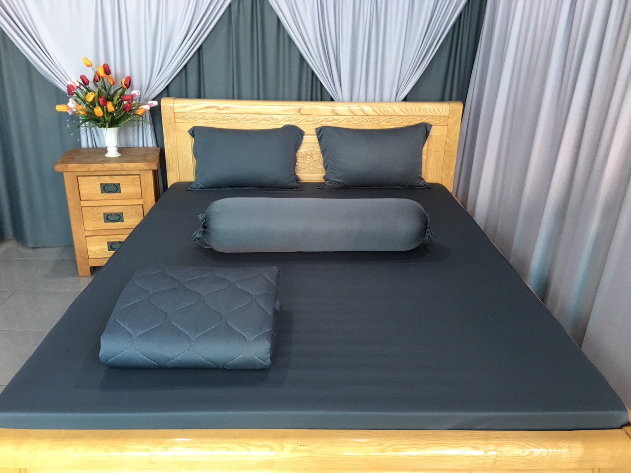 Trọn Bộ Chăn Ga Gối Thun Lạnh Hàn Quốc - Màu Xám Chì