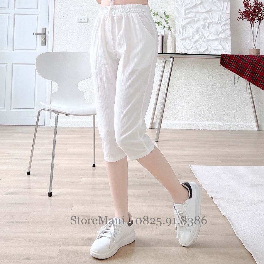 Quần ngố lửng nữ - quần đũi nữ cạp cao lưng chun mặc qua đầu gối chất đũi xước mềm mát màu đen trắng kem mặc ở nhà đẹp
