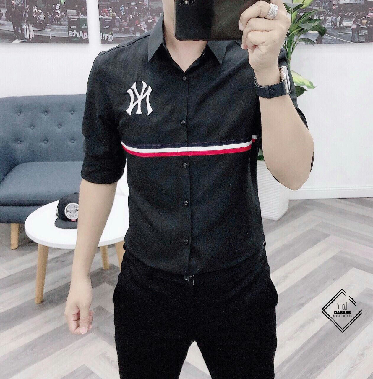 [HCM]Áo Sơ Mi Đen Thêu Họa Tiết NY