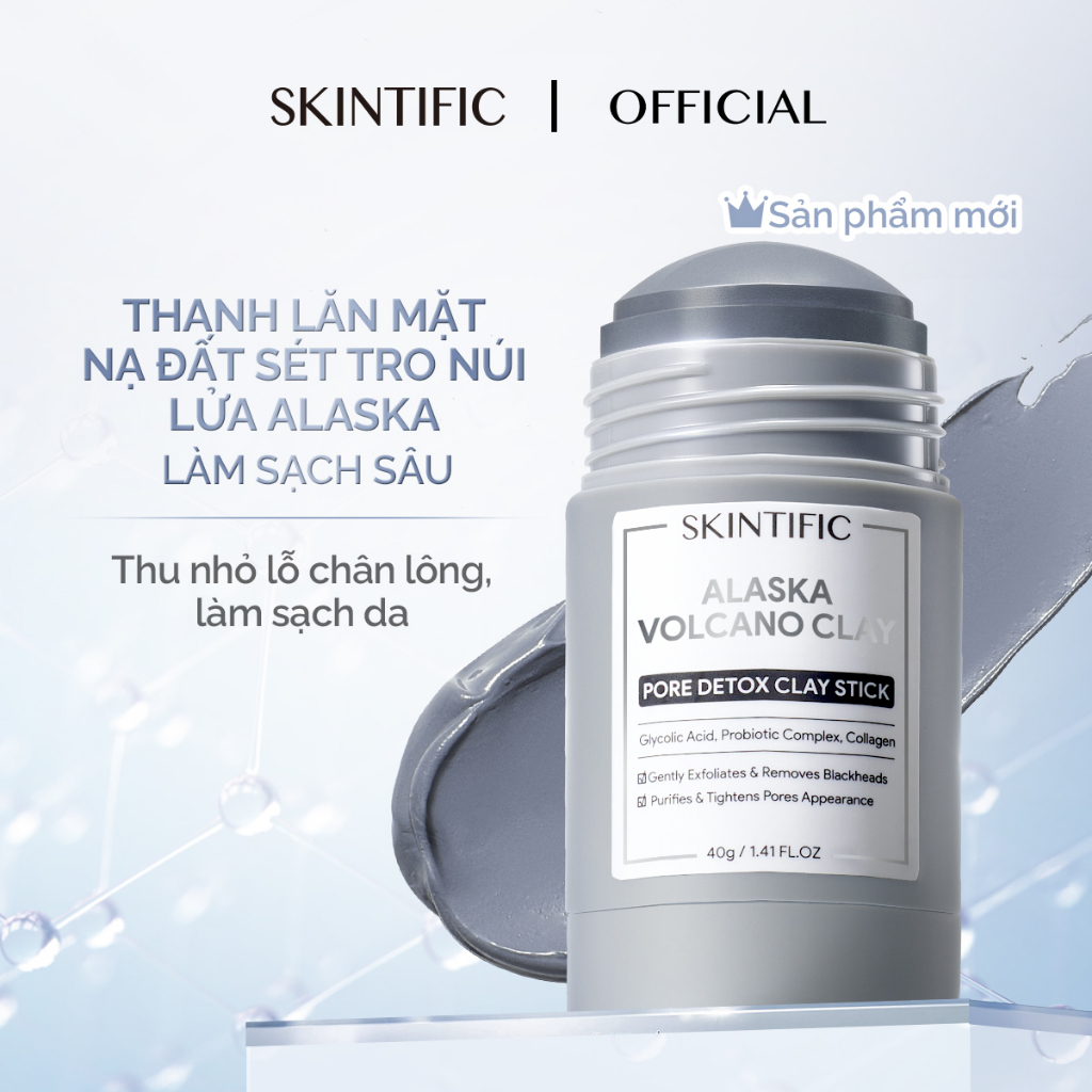 Thanh lăn mặt nạ đất sét tro núi lửa Alaska làm sạch sâu SKINTIFIC 40g