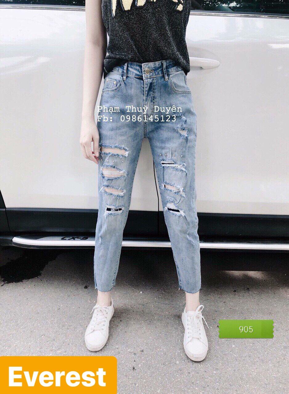 QUẦN JEAN BAGGY NỮ CHẤT BÒ XANH RÁCH ĐÍNH HẠT LƯNG CAO NÂNG MÔNG HÀN QUỐC ULZZANG EV-905 - EVEREST FASHION