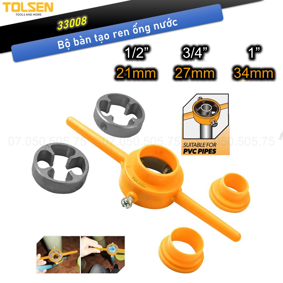 Bộ bàn tạo ren ống nước tolsen 33008 , dụng cụ taro tạo ren ngoài ống nước pvc 21,27,34