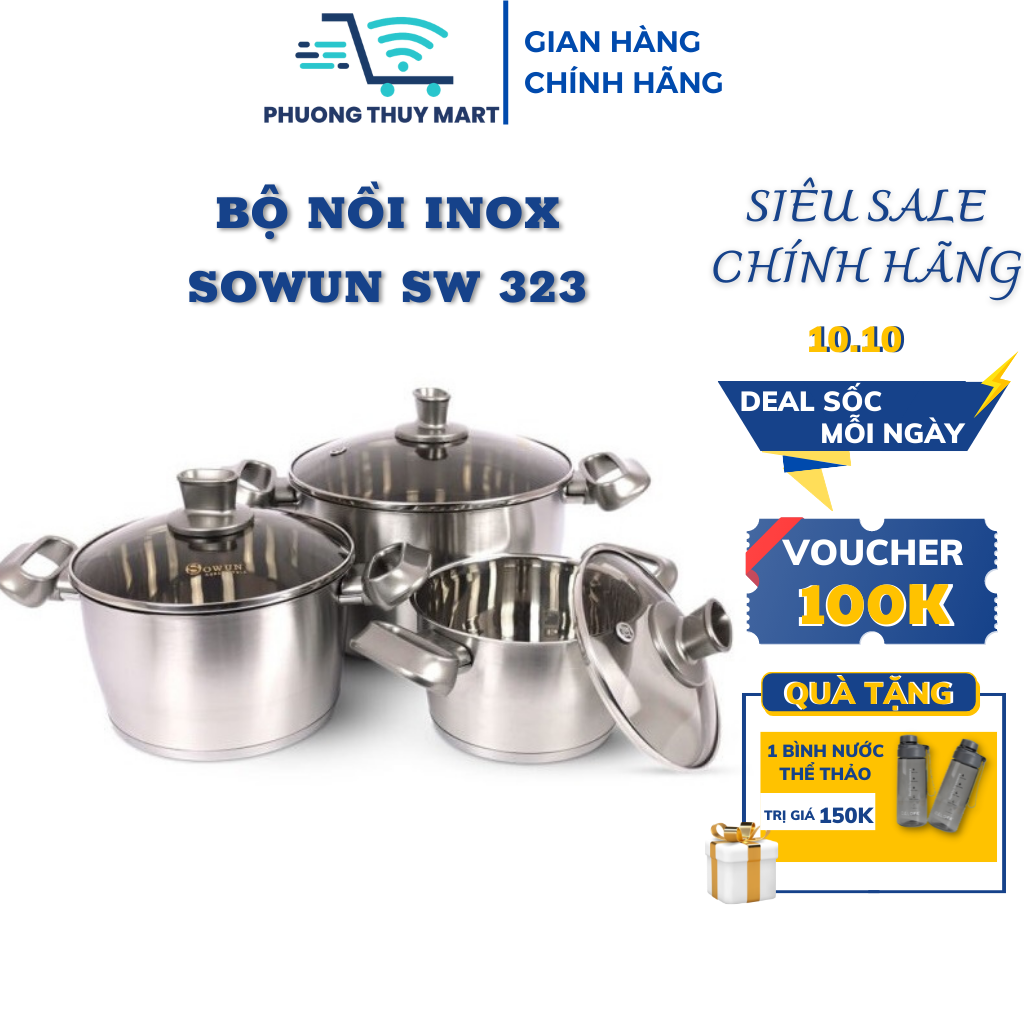 Bộ nồi inox sowun sw 323 công nghệ nano 3 lớp chịu nhiệt bảo hành 12 tháng