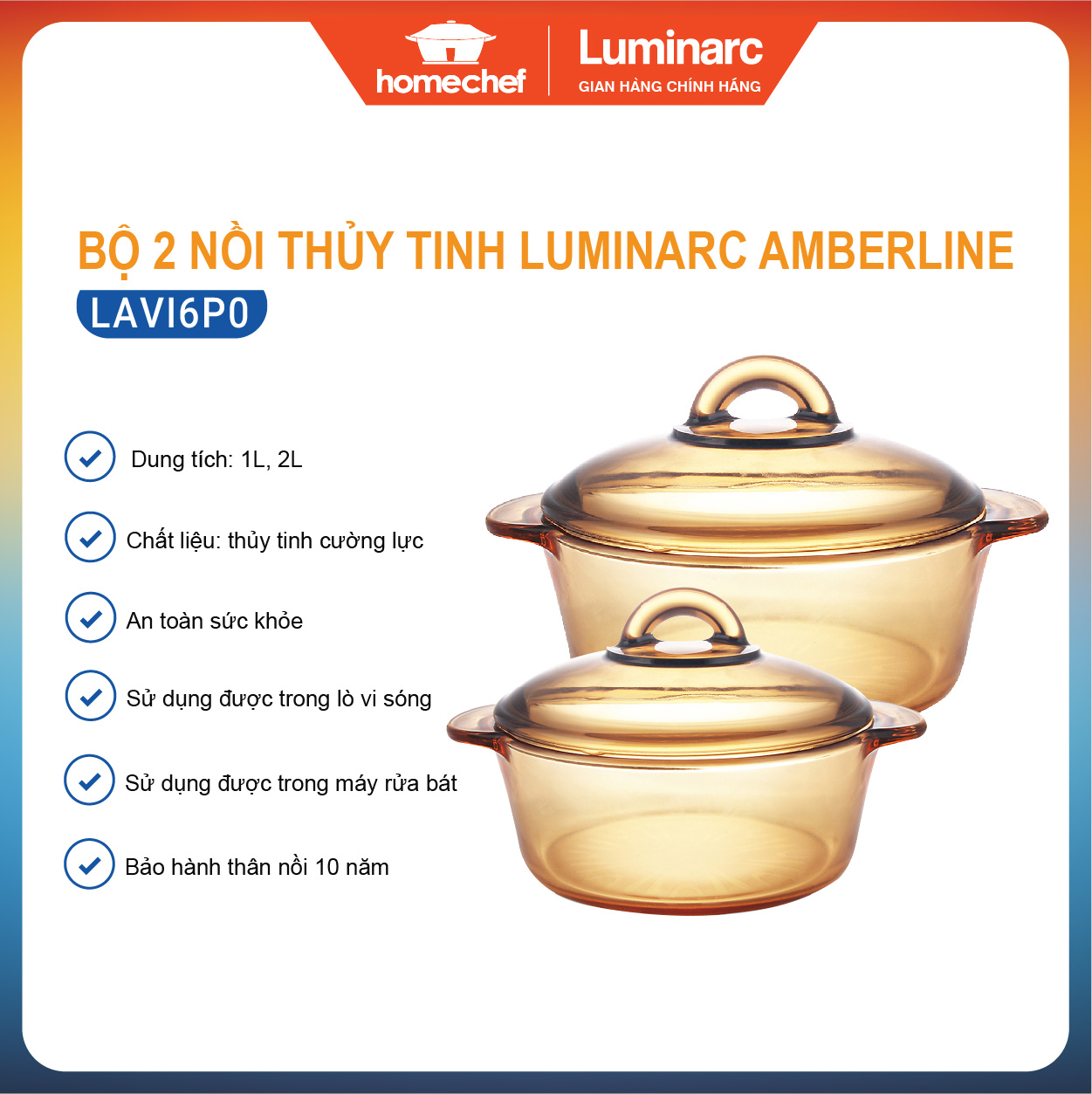Bộ 2 nồi thủy tinh Luminarc 1L 2L – LAVI6P0 (Nâu)