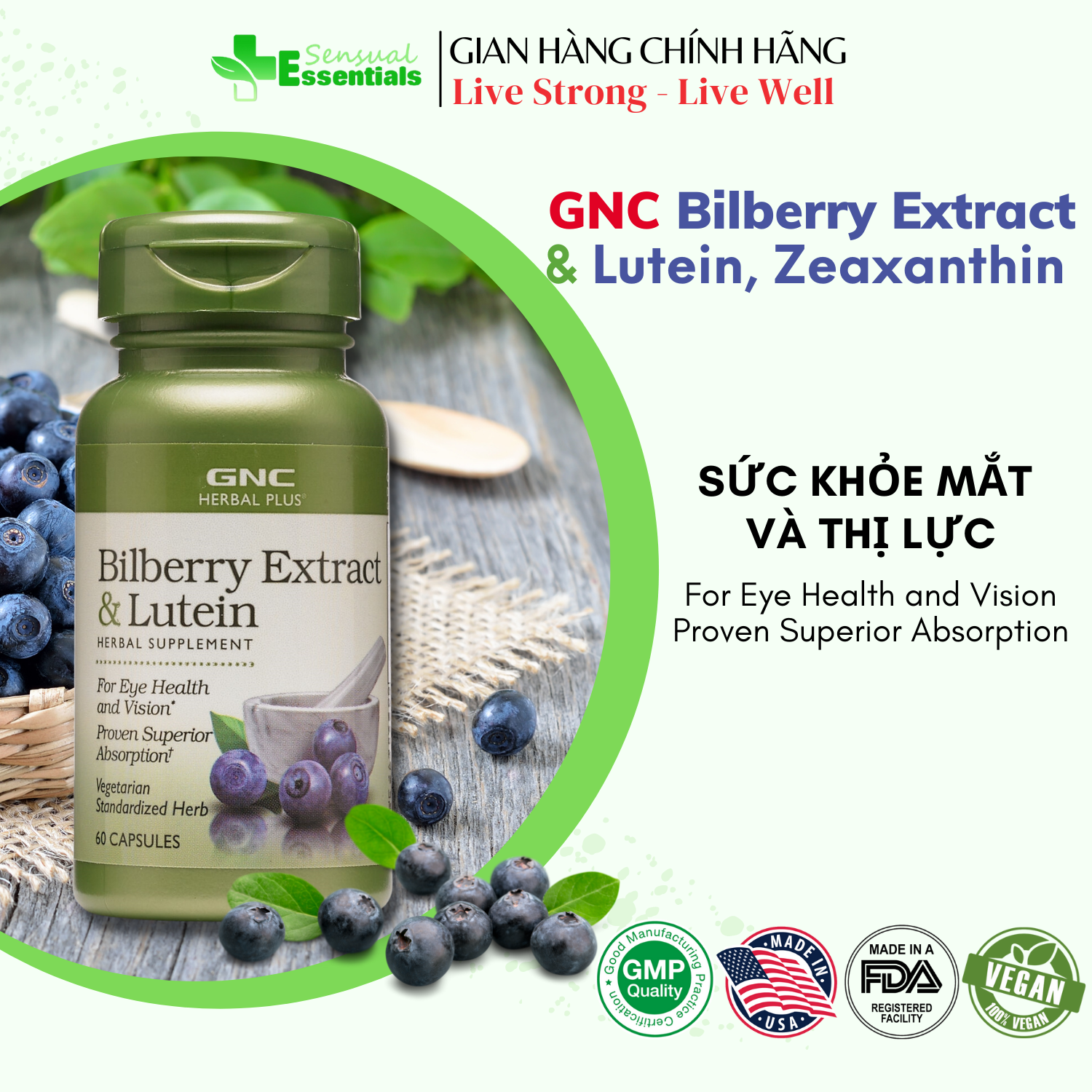 [CHÍNH HÃNG] GNC Bilberry & Lutein, Zeaxanthin Viên uống hỗ trợ mắt, bổ mắt, cải thiện thị lực