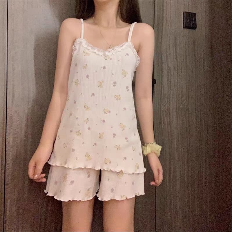 Bộ ngủ nữ 2 dây, bộ mặc nhà nữ phối ren tiểu thư