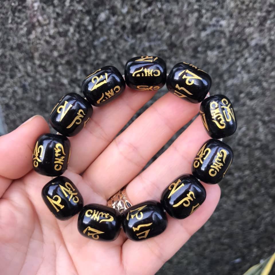 [HCM]VÒNG TAY LU THỐNG ĐÁ MÃ NÃO ĐEN KHẮC CHÚ ĐẠI BI