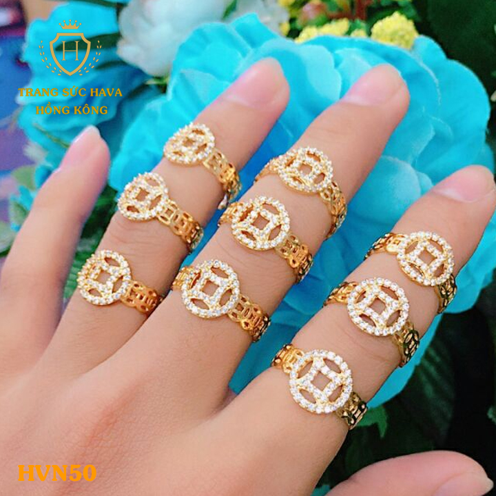 Nhẫn Nữ Kim Tiền Đính Đá Bản To Mặt Đồng Tiền May Mắn, Titan Xi Mạ Vàng Non 10k, 18k, 24k Thật Cao Cấp (Không Bị Xỉn Đen) - Trang Sức Hava Hong Kong