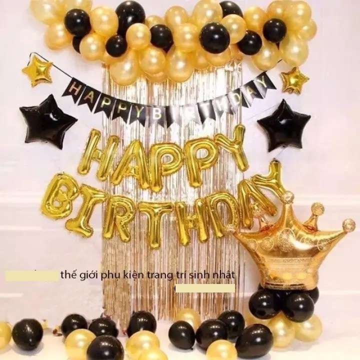 set trang trí sinh nhật + rèm kim tuyến+ bóng hình vương miện