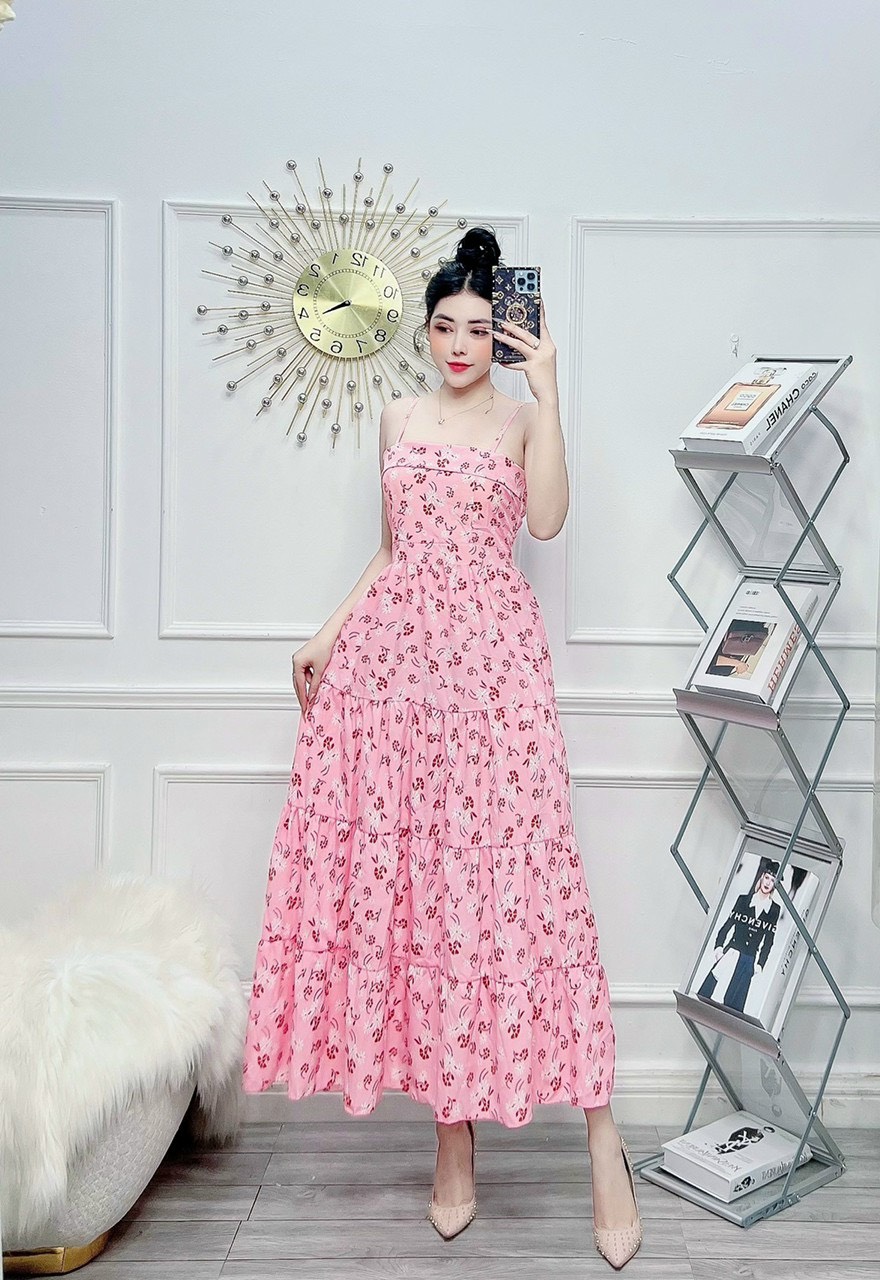 Đầm hai dây gấp ngực maxi hoa