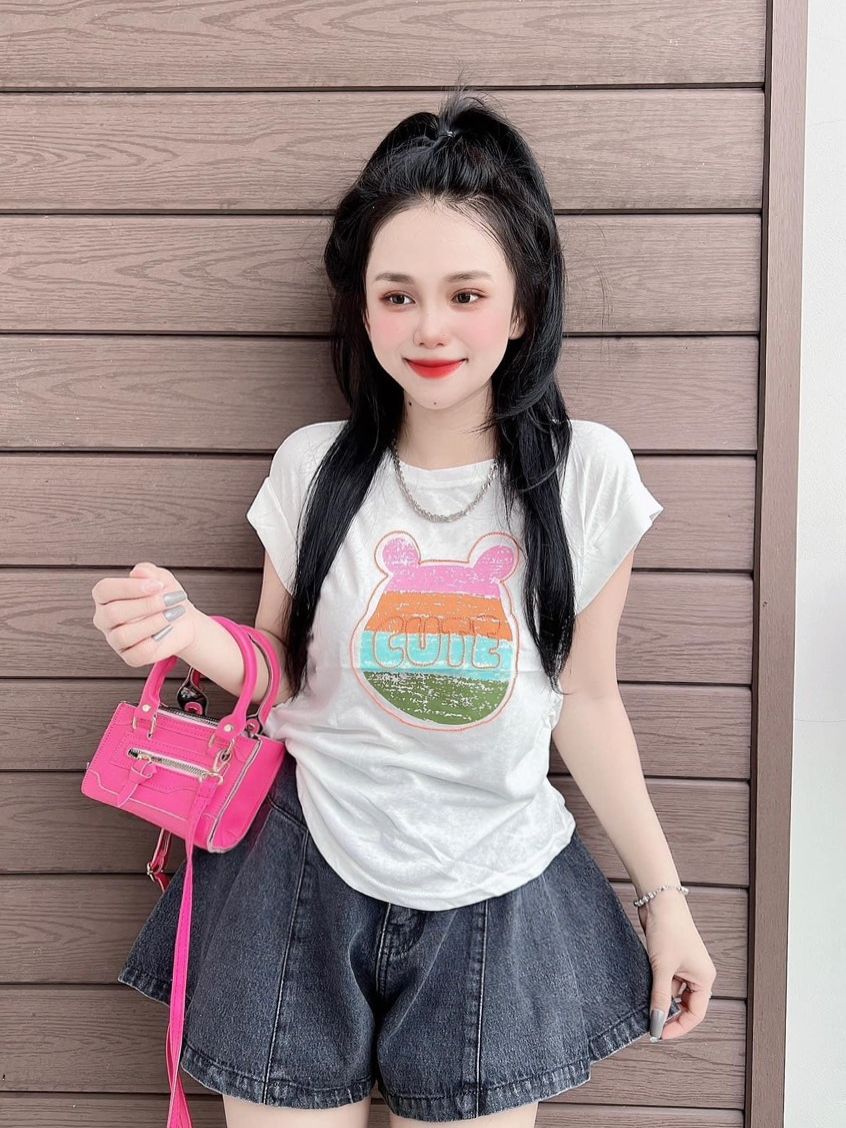 Áo thun Thái nữ dáng vừa phối chữ ( Mã CUTE phom vừa )
