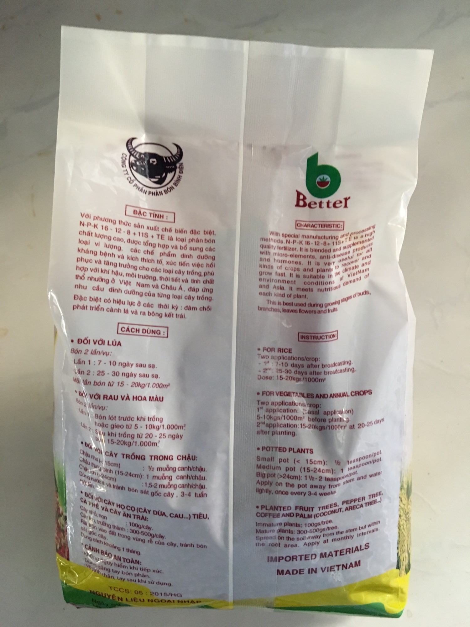 Phân bón NPK CAO CẤP BETTER 16-12-8+11S+TE  1KG/GÓI
