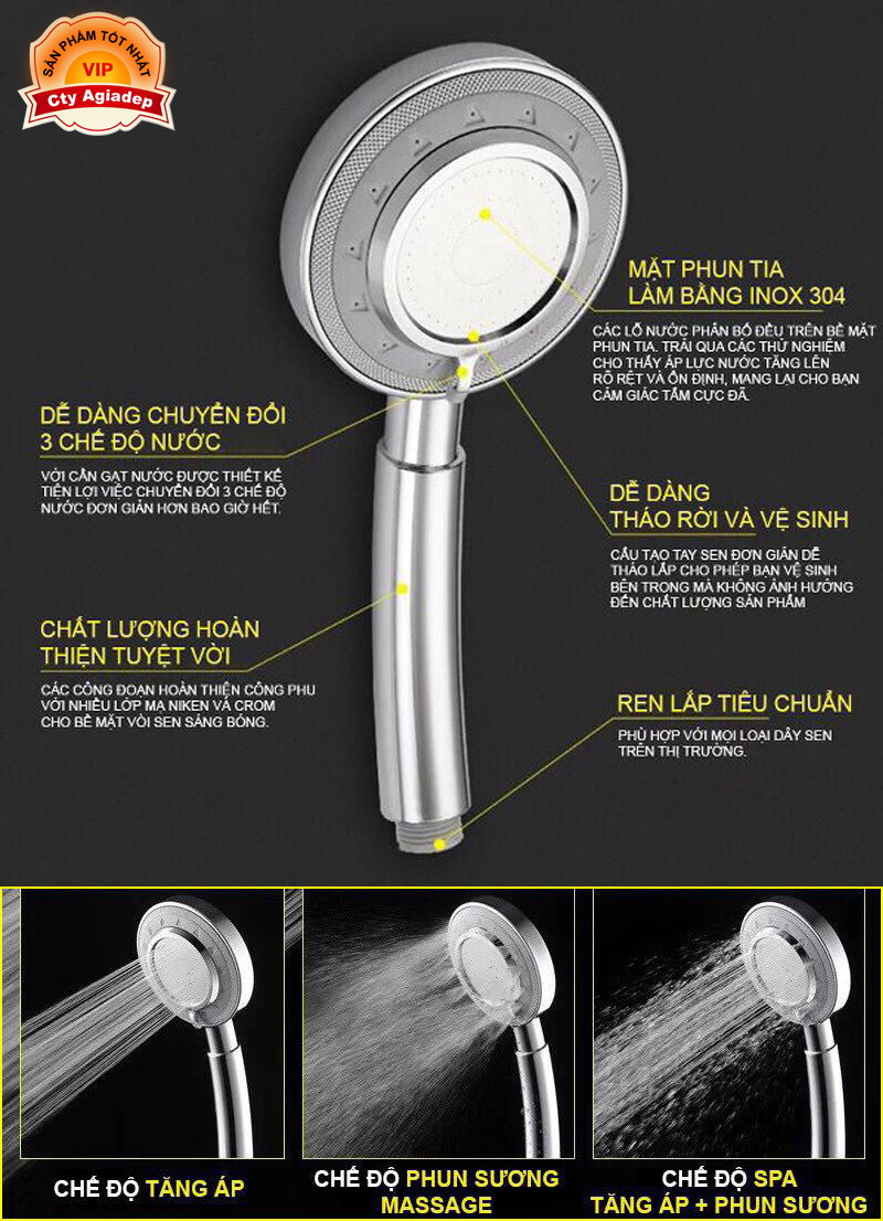 Bát sen tráng bạc 3 chế độ + Dây sen + Giá đỡ