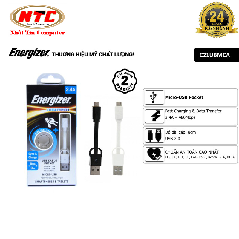 Cáp sạc microUSB Energizer C21UBMCA Pocket dài 8cm - Hãng phân phối chính thức.