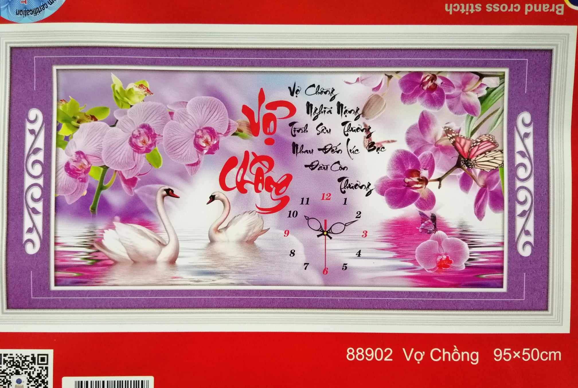 Tranh thêu chữ thập vợ chồng thiên nga hoa lan 88902 - kích thước 95 * 50