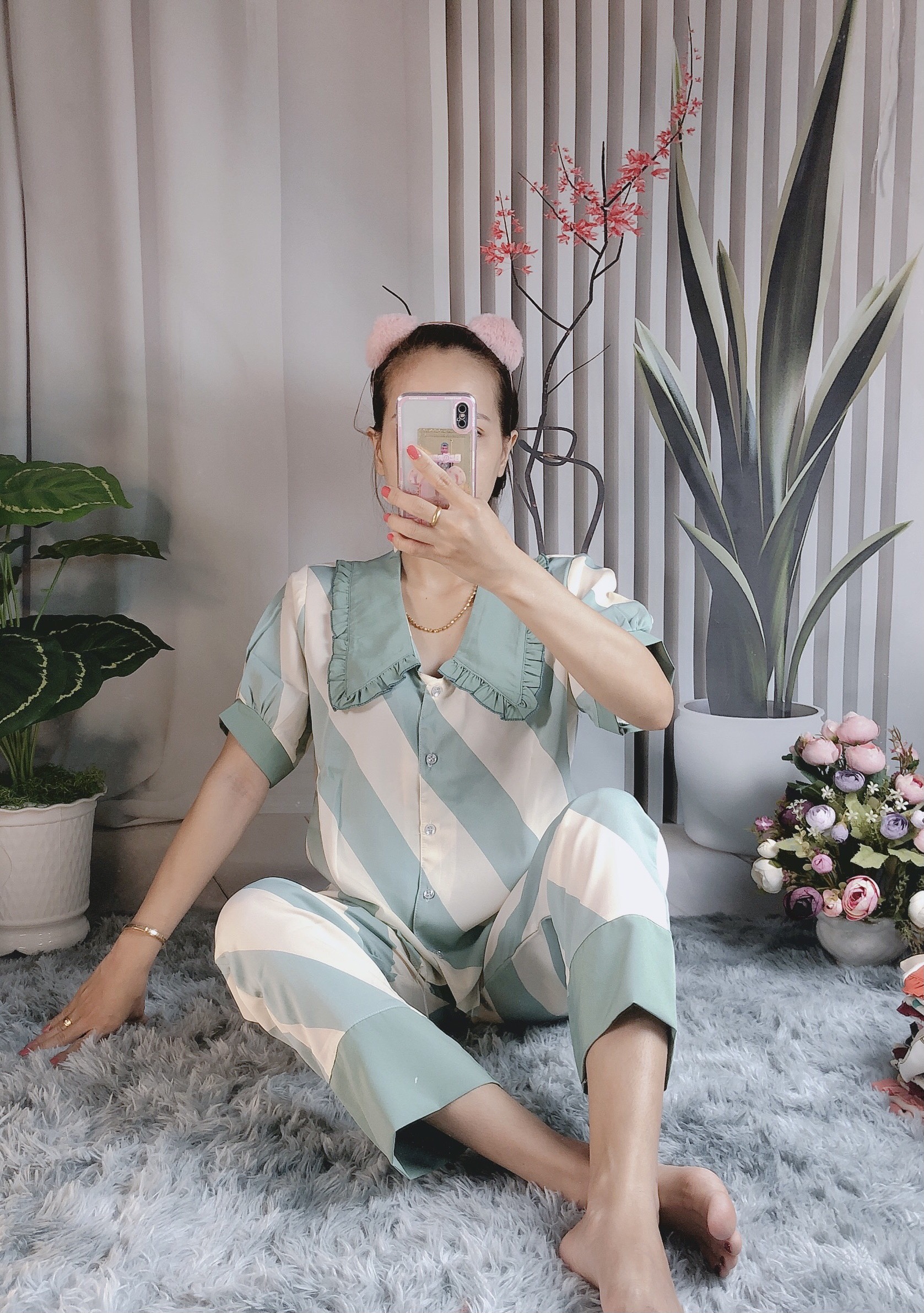 Pyjama vải Mango cổ phối - Hình chụp thật