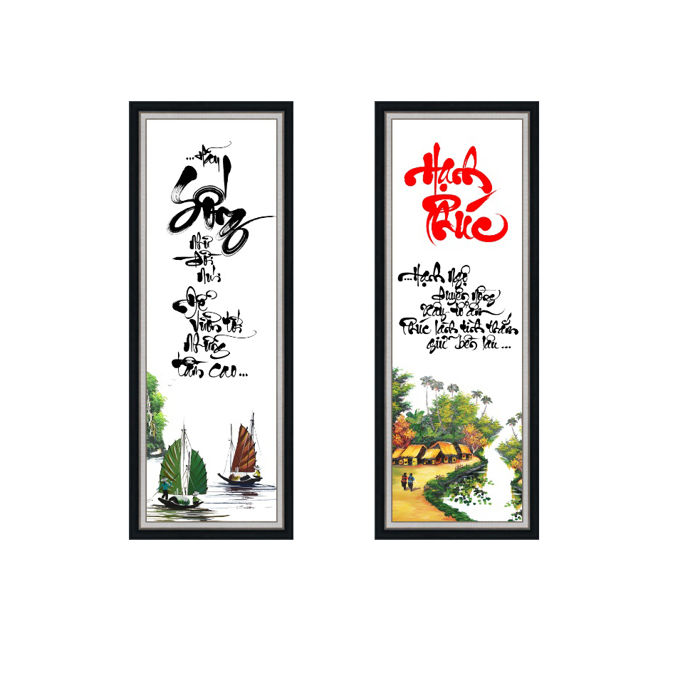 Bộ 2 tranh dán tường VTC thư pháp chữ Tâm và chữ Đức và nhiều chữ khác UD0680-81K kim sa nhiều kích thước