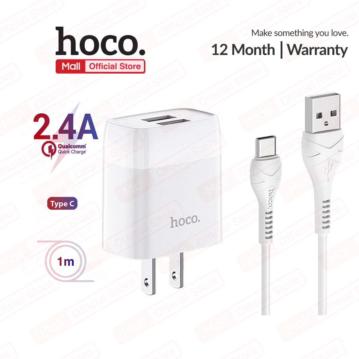 Bộ sạc nhanh Hoco C73 USB to Type-C sạc nhanh 2.4A cổng sạc 2 cổng kèm dây cáp dẻo chống gập dài 1m