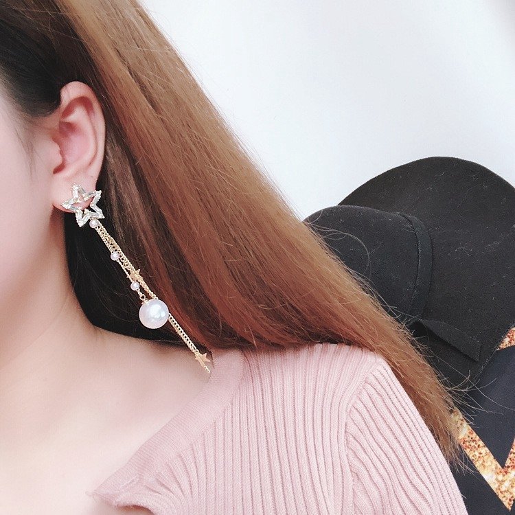 Bông tai bất đối xứng thiết kế sao và ngọc