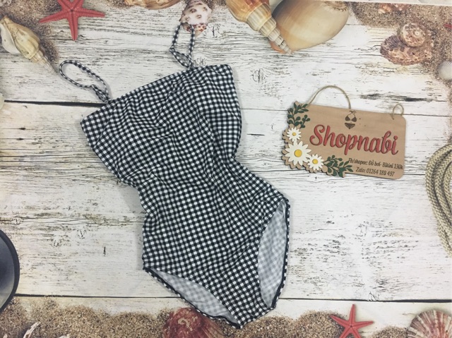 [HCM]Đồ bơi bikini 1 mảnh caro đen trơn 2 dây