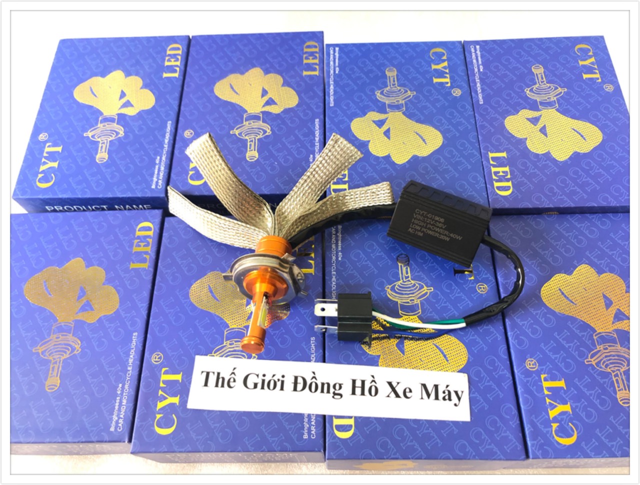 đèn pha led cyt xịn - chân H4 -2 Tim hộp tím AC-DC