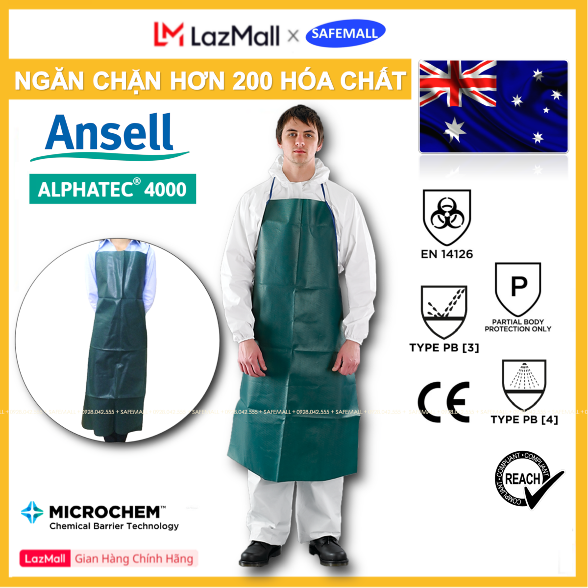 Ansell Alphatec 4000 chemical protection apron, microkk apron 4000 -212 premium splash resistant, chemical proof apron, safemall/safety Mart official oil guard vest-authentic