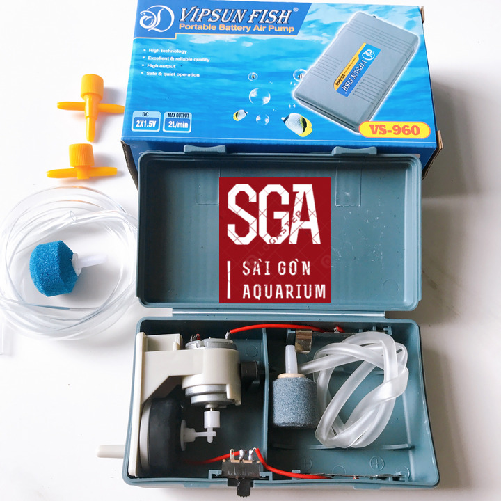 Máy Sủi Oxi Pin Cho Hồ Cá Cảnh VS-960, Chưa Có Pin, Tặng Thêm 1m dây oxi, 1 Van T, 1 Van Ngang, 1 viên sủi sơ cua, Đề Phòng Cúp Điện