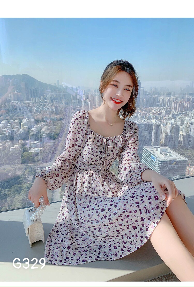 Đầm xoè voan lụa hoa nhí vintage nhấn eo G329