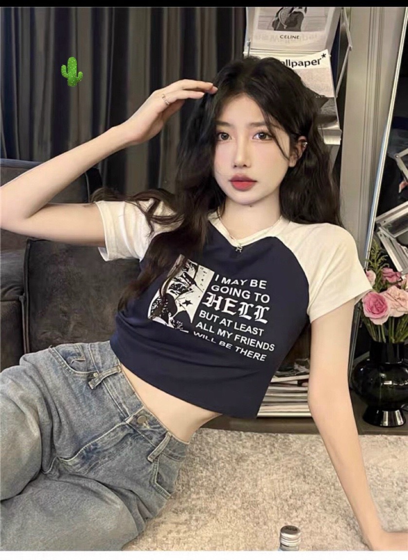 Dưới 50kg-Áo croptop nữ tay ngắn phối màu Raglan in hình và chữ HELL ôm body PC129 - áo phông nữ body