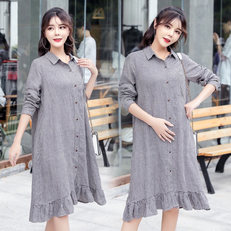 Váy bầu kẻ đen dáng sơ mi đuôi nhún