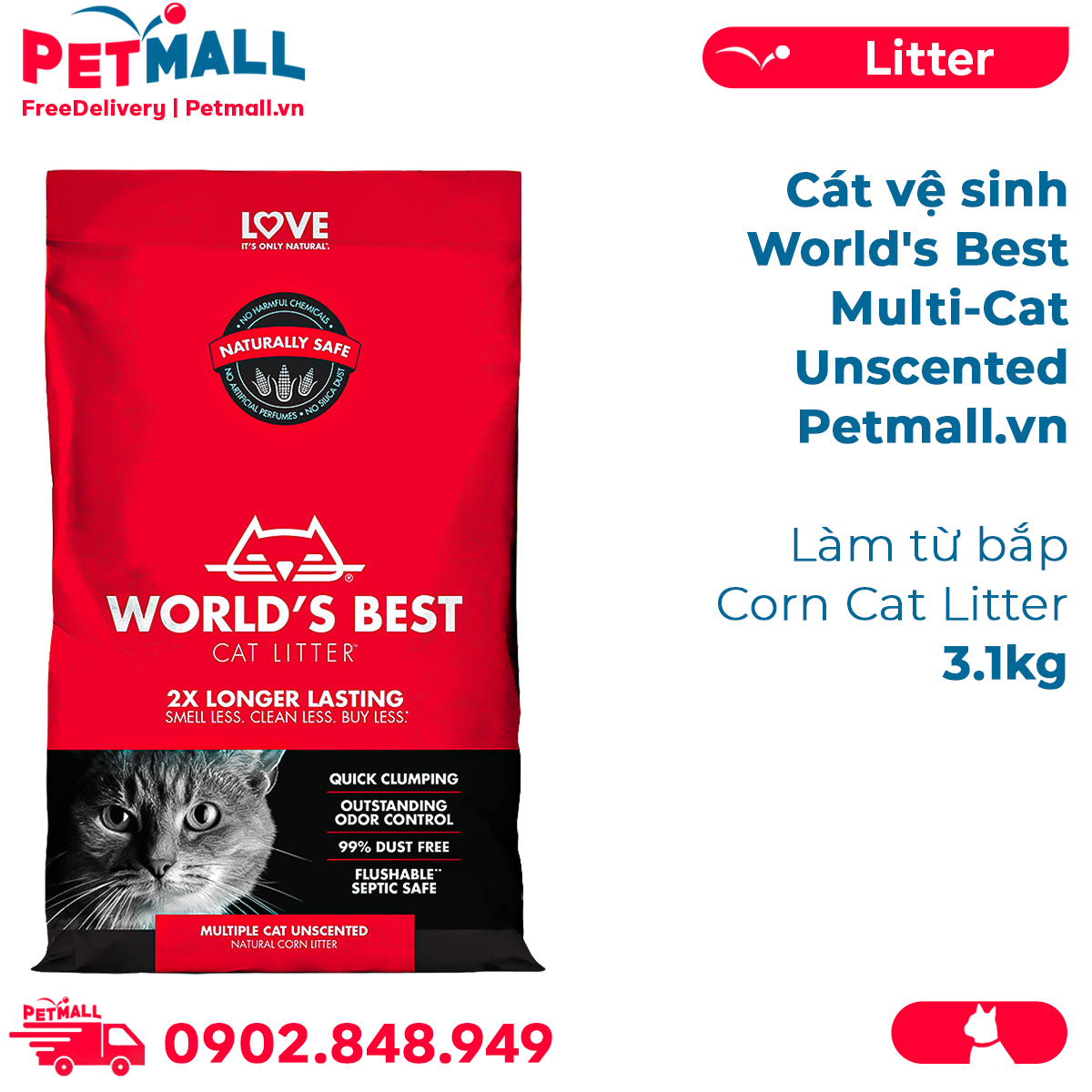 Cát vệ sinh World's Best Multi-Cat Unscented 3.1kg - làm từ bắp - Corn Cat Litter Petmall