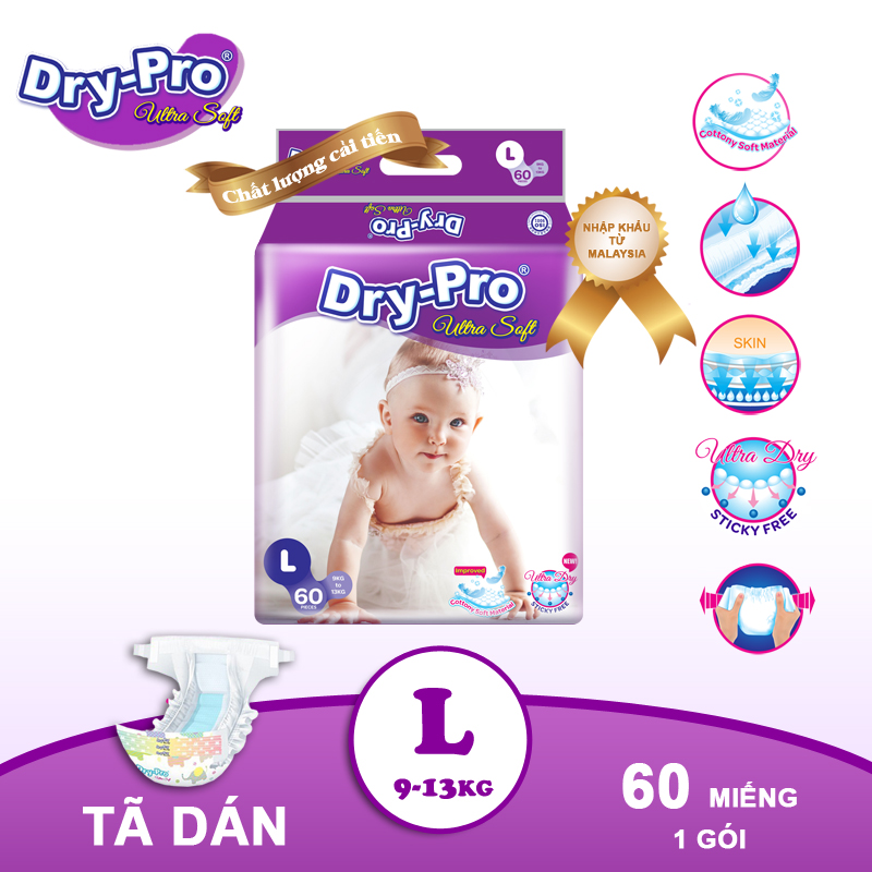 TÃ BỈM DÁN DRY-PRO L60 (9KG-13KG) – GÓI 60 MIẾNG