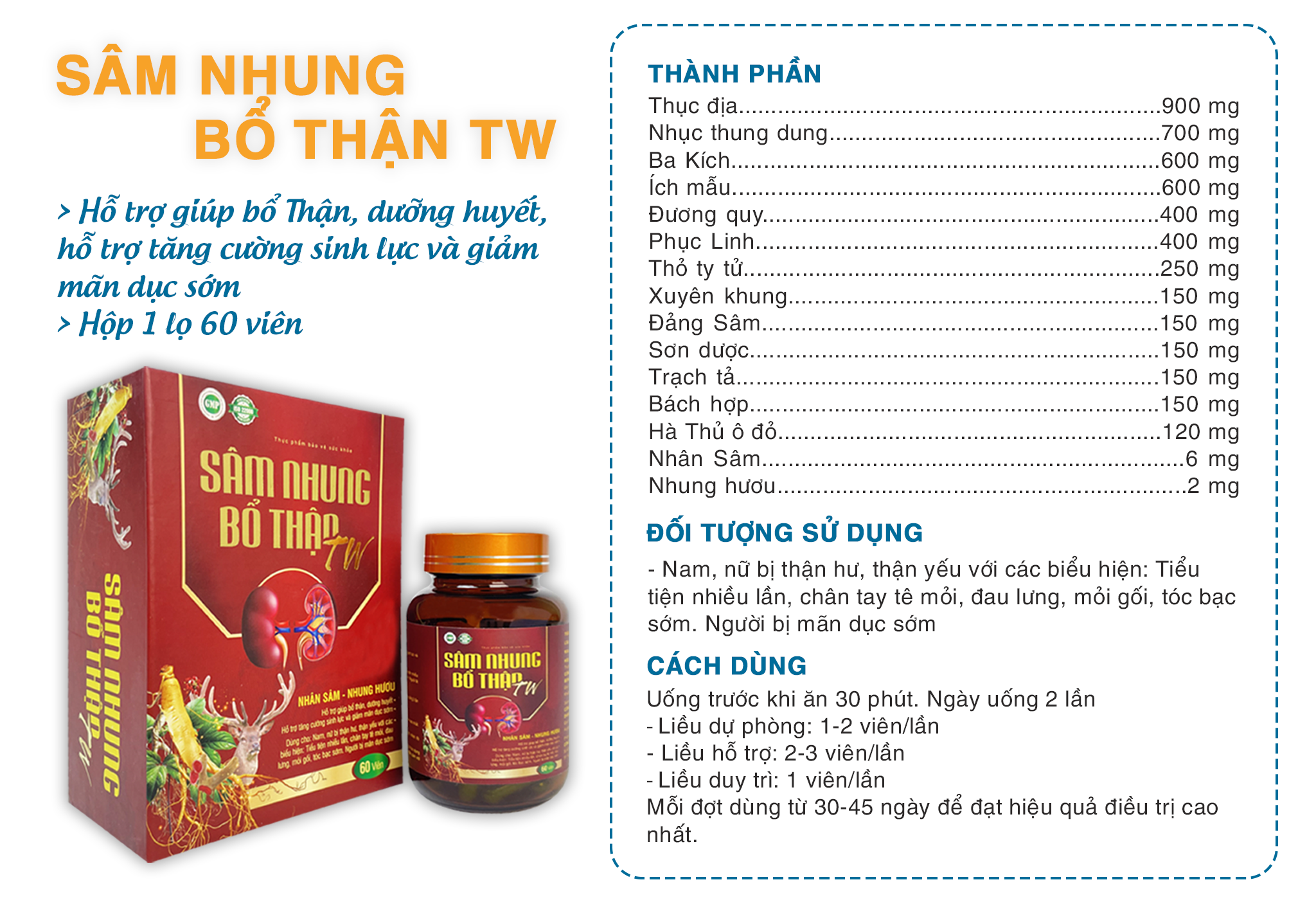 Sâm Nhung Bổ Thận TW Bổ Thận Dưỡng Huyết (hộp/60 viên)