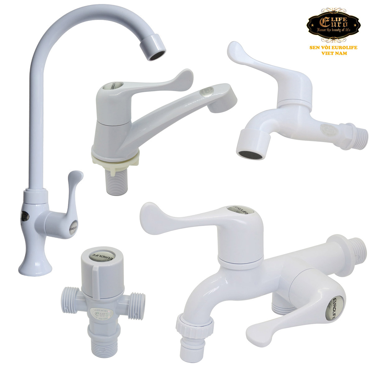 Combo VN02 trắng, bộ 5 sản phẩm đầy đủ cho phòng tắm nhà bếp Eurolife. Chất liệu ABS trắng. Hàng chính hãng phân phối, bảo hành 1 năm.