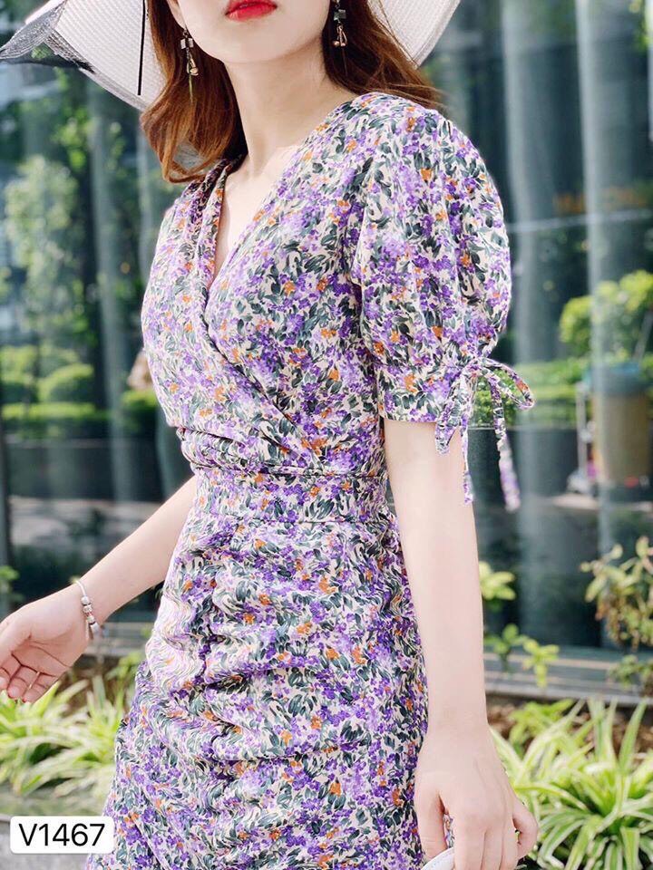 [HCM]Đầm hoa voan cổ đắp chéo in hoa